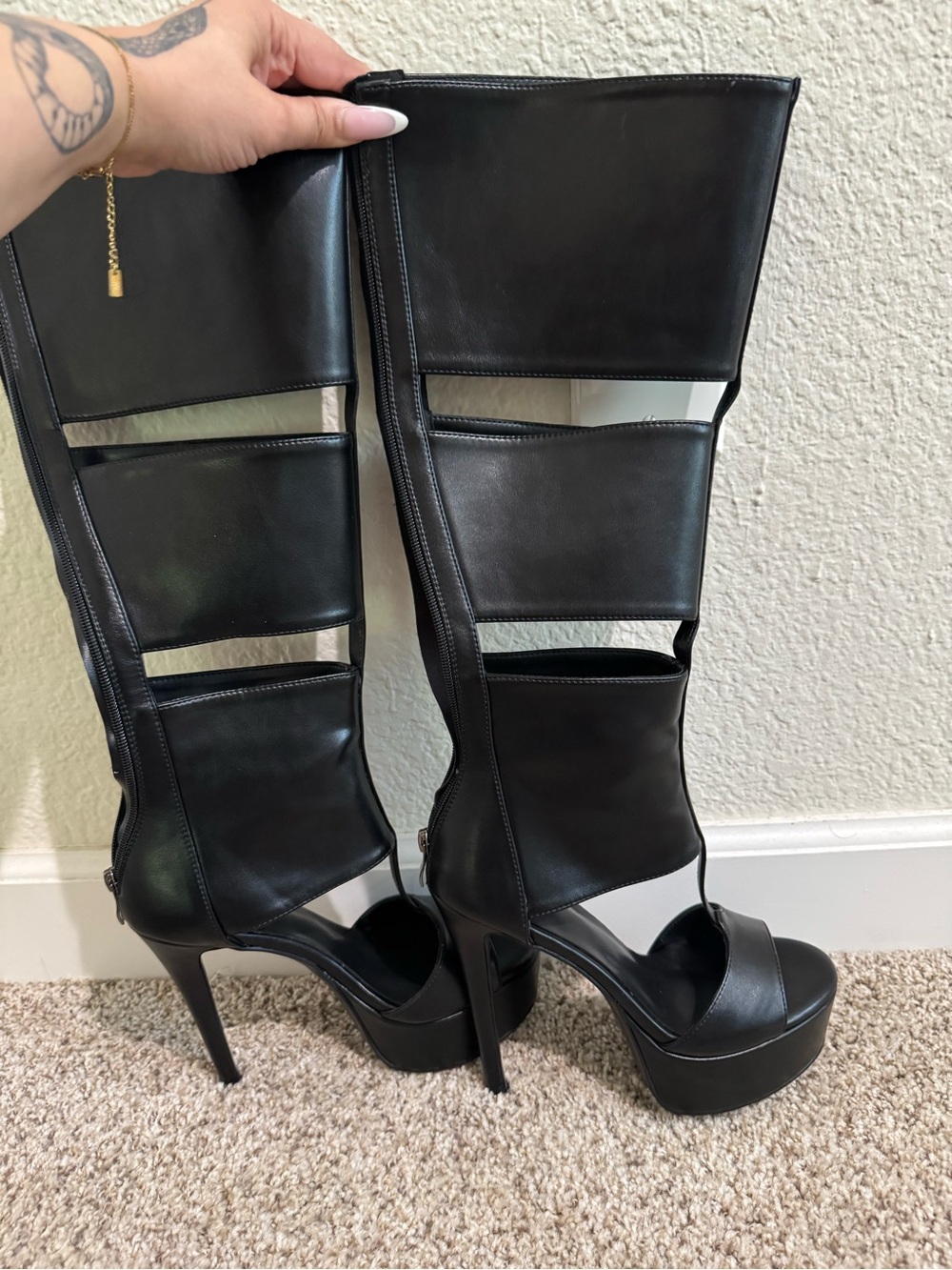 Black Baddie Platform Cutout Knee-High Heels - Women’s size 38